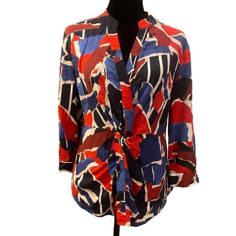 Zozo Red, White, Blue, Black Faux Wrap Top with 3/4 Sleeves Sz‎ M